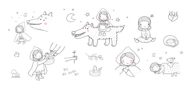 小红帽的童话故事。可爱的小女孩和大灰狼。手绘孤立的对象在白色背景上。向量图片下载