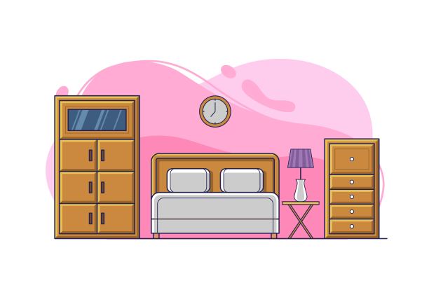 卧室与床，枕头，时钟，灯和橱柜可爱的家庭室内插画设计图片下载