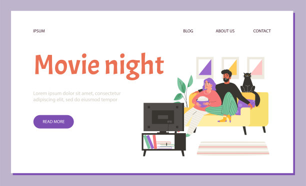 电影夜登陆页面模板，幸福的夫妇一起看电视，平面矢量插图。图片下载
