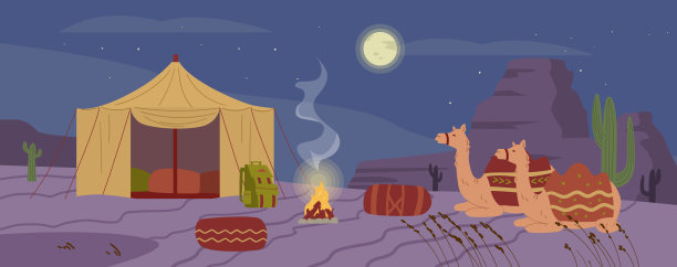 晚上在旅游沙漠营地休息的骆驼，平坦的矢量插图。图片下载