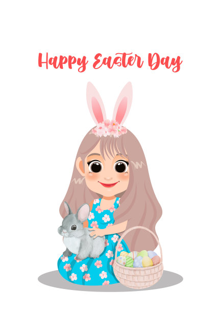 快乐的复活节与女孩在花裙子设置在地板上的兔子和鸡蛋篮子卡通向量图片下载