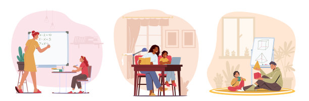 妈妈，爸爸，孩子们学生们做作业。家庭教育，家庭学校理念。父母和孩子一起上课图片下载