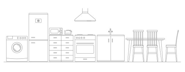 矢量细线插图厨房家具和室内。冰箱，洗衣机，微波炉，炉灶，水槽，厨房罩和桌椅。平线风格孤立在白色上。图片下载
