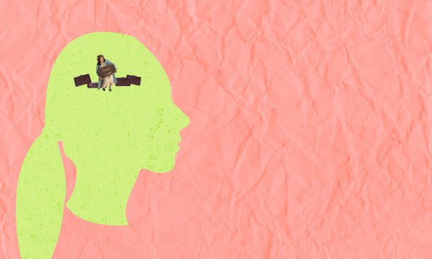 当代artcollage。疲惫的年轻女子在粉红色的纸背景上画着巨大的头。心理健康的概念，内心世界，自我照顾。图片下载