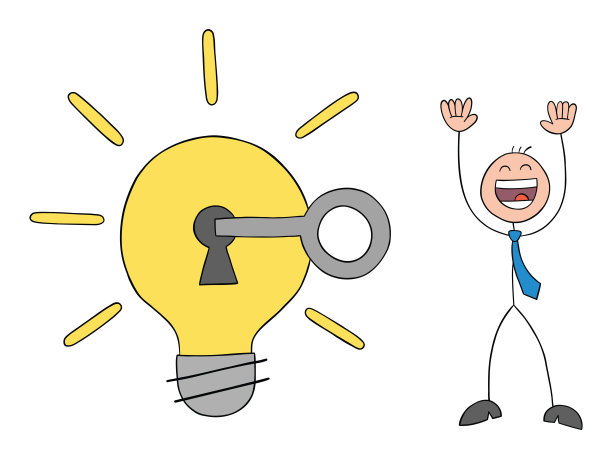 商人史蒂克曼打开电灯泡，非常高兴，手绘卡通矢量插图轮廓图片下载
