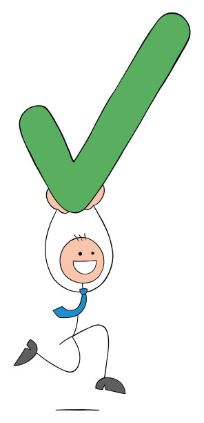 批准，stickman商人携带检查标记和运行，手绘轮廓卡通矢量插图。图片下载