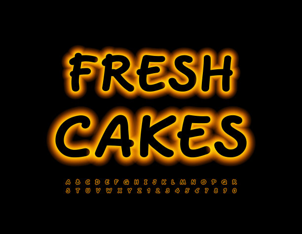 矢量广告横幅新鲜蛋糕。霓虹灯字母字母和数字设置图片下载