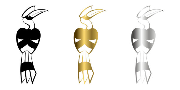 三色黑色、金色和银色的犀鸟矢量标志，挂在树枝上。它的视图图片下载