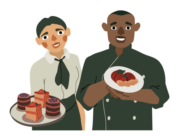 咖啡馆和餐厅工作人员的孤立形象。厨师和服务员主动提出品尝食物。矢量插图。图片下载