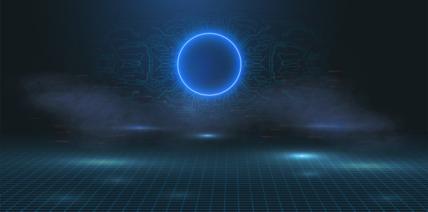 未来的科幻优雅的现代霓虹发光的圆圈。蓝色霓虹灯抽象背景与发光的环形形状。霓虹灯探照灯，烟雾，夜景，光线。混凝土楼板。矢量图图片下载