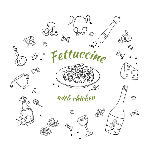 用鸡肉和蘑菇做意大利宽面条的一套材料。涂鸦风格。矢量图形。图片下载