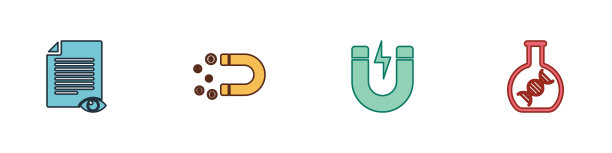 设置纸页与眼睛，磁铁钱，闪电和DNA研究，搜索图标。向量图片下载