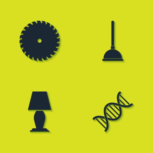 设置圆锯片、DNA符号、台灯和橡胶柱塞图标。向量图片下载