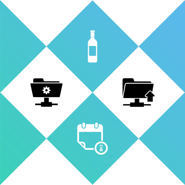 设置FTP设置文件夹，日历和时钟，酒瓶和上传图标。向量图片下载