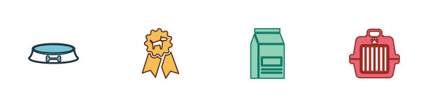 设置宠物食品碗，狗奖励符号，袋和手提箱图标。向量图片下载