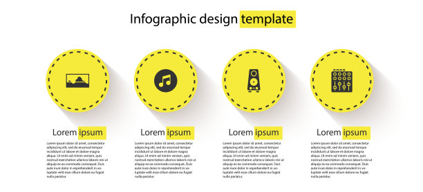 设置音乐波均衡器，音符，音调，立体声扬声器和声音混频器控制器。业务信息模板。向量图片下载