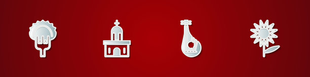 在叉子上放饺子，教堂建筑，班杜拉和向日葵图标。向量图片下载