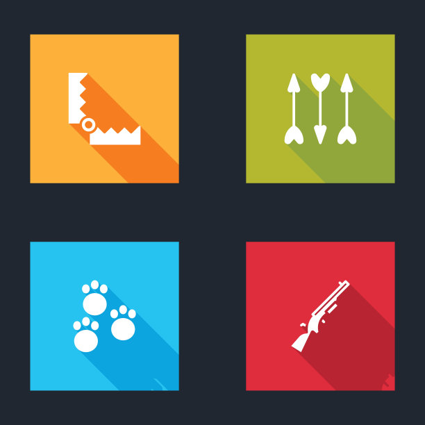 设置陷阱狩猎，潮人箭头，爪印和猎枪图标。向量图片下载