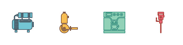 设置空压机、角磨机、咖啡机、杯子和施工手提钻图标。向量图片下载