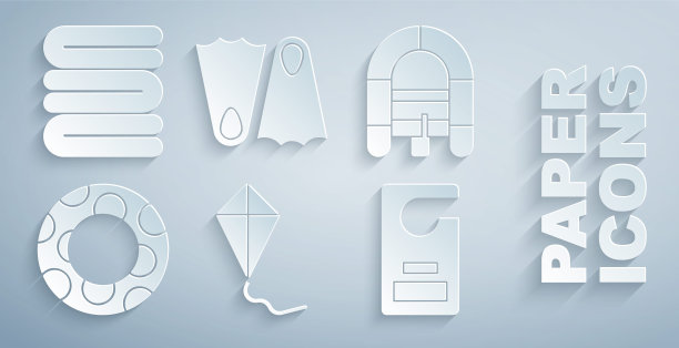 设置风筝、漂流艇、橡皮圈、请勿打扰、脚蹼、毛巾堆图标。向量图片下载