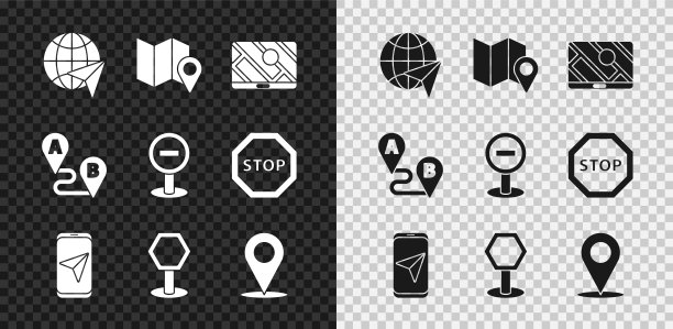 设置地球与飞行的飞机，折叠地图位置标记，城市导航，道路交通标志，位置，路线和停止图标。向量图片下载