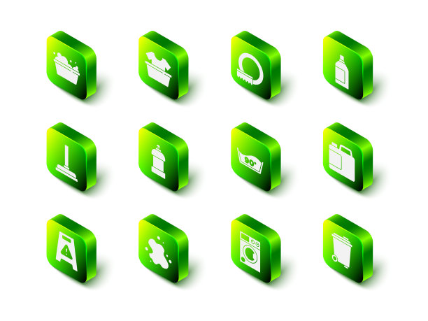 设置盆，衬衫，洗碗，瓶清洁剂，垃圾桶，温度洗涤，洗衣机和水溢出图标。向量图片下载