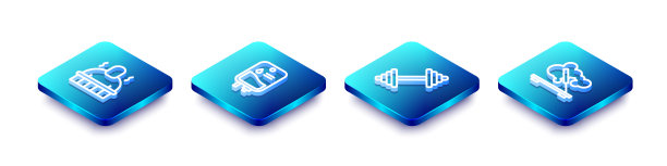 设置等距线桑拿和水疗程序，静脉袋，哑铃和香味棒图标。向量图片下载