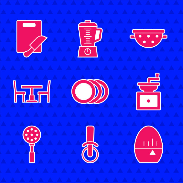 设置盘子，披萨刀，厨房定时器，手动咖啡研磨机，抹刀，木桌与椅子，滤器和切割板图标。向量图片下载