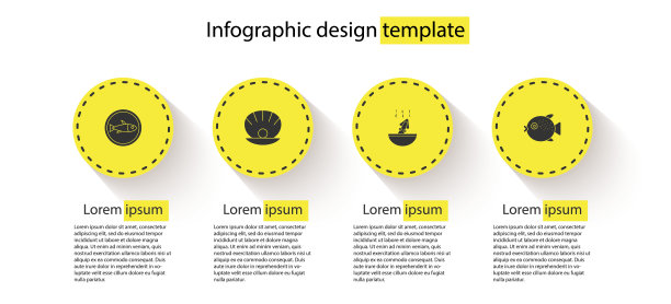 盘鱼，珍珠贝壳，章鱼河豚汤。业务信息模板。向量图片下载