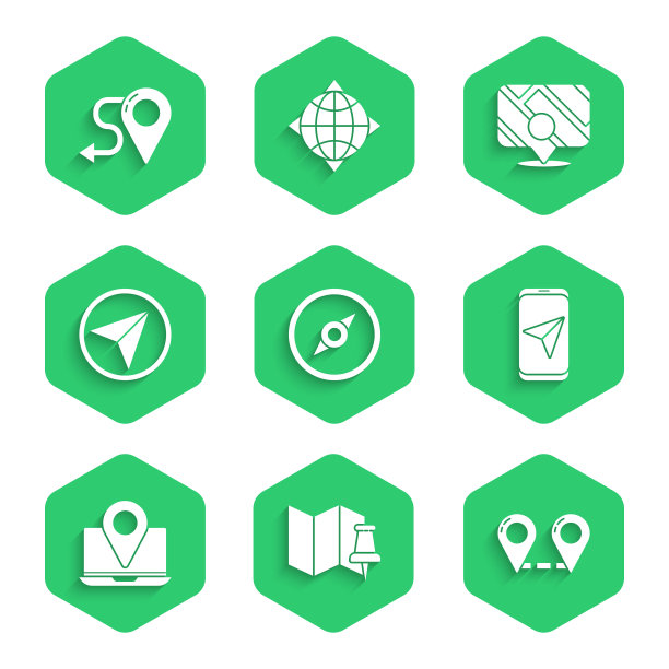 设置指南针，折叠地图与推针，路线位置，城市导航，笔记本电脑标记，城市信息图，和图标。向量图片下载