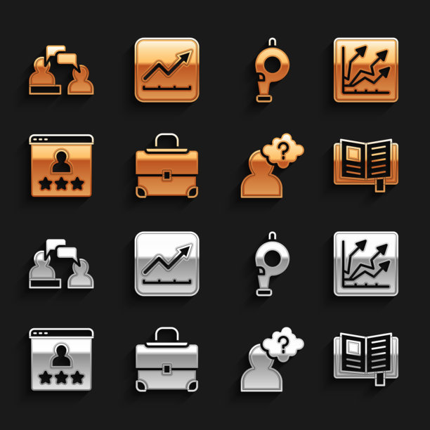 设置公文包，财务增长，阅读书籍，带问号的头，客户产品评级，哨子，两个坐着说话的男人和图标。向量图片下载