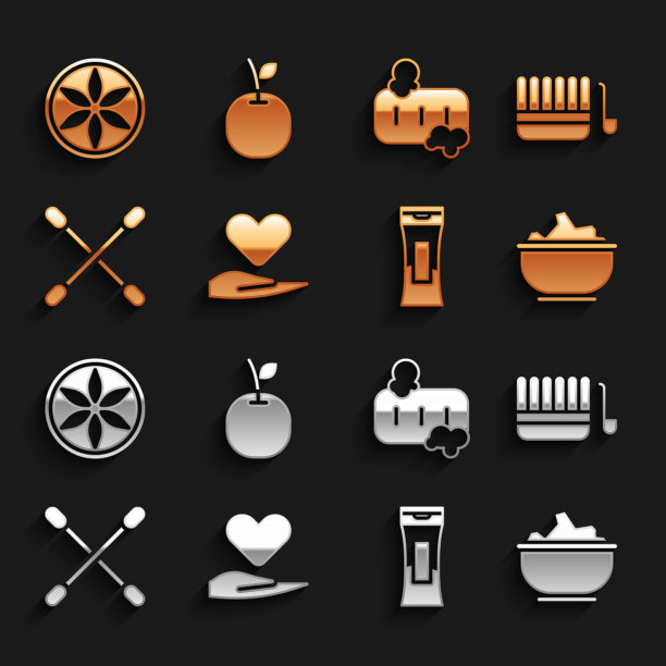 心放在手上，桑拿桶勺，海盐在碗里，洗发精瓶子，耳朵棉签，肥皂泡沫，植物叶子和苹果图标。向量图片下载