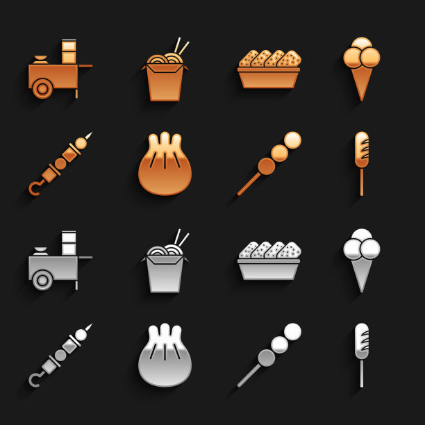 在切菜板上设置Khinkali，炸香肠，肉丸木棒，烤羊肉串，鸡块盒，快速街头小吃车和亚洲面条和筷子图标。向量图片下载