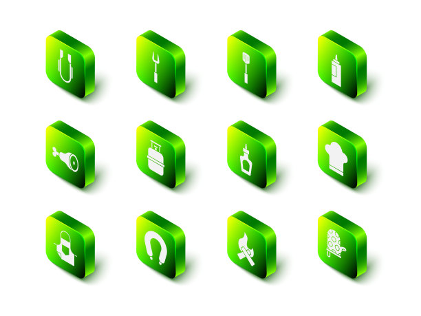 设置烧烤叉，抹刀，酱瓶，厨师帽，烤箱手套，篝火和香肠图标。向量图片下载