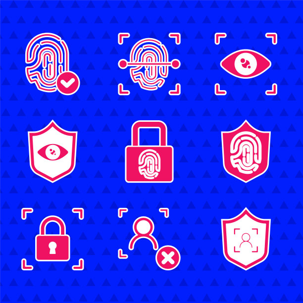 设置指纹与锁定，拒绝人脸识别，盾牌，盾牌，眼睛扫描，眼睛和图标。向量图片下载