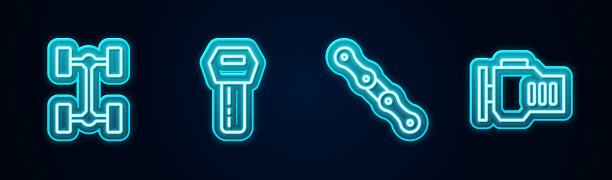 设置线底盘车，车钥匙与遥控，链条和检查发动机。发光的霓虹灯图标。向量图片下载