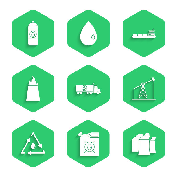 集油罐车、汽机油罐、石油工业厂房、泵、泵千斤顶、回收站、钻井平台火、油船和图标于一体。向量图片下载