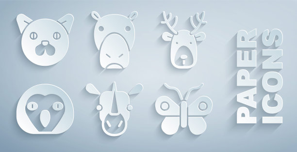 设置犀牛，鹿角头，猫头鹰鸟，蝴蝶，河马或河马和猫的图标。向量图片下载