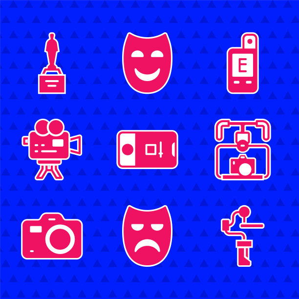 设置照片和视频拍摄，戏剧戏剧面具，相机的万向稳定器，与，复古电影院，光表和电影奖杯图标。向量图片下载