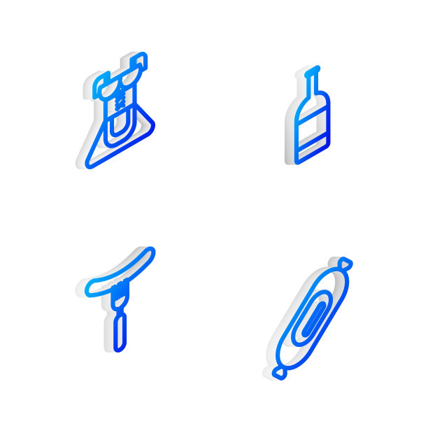 设置等距线啤酒瓶，女装紧腰裙，叉子上的香肠和萨拉米香肠图标。向量图片下载