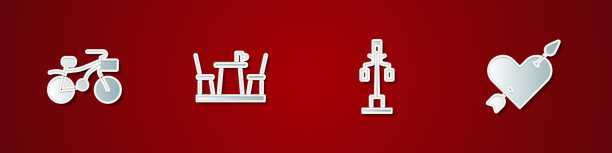 设置自行车，法国咖啡馆，街灯和爱的心和箭头图标。向量图片下载