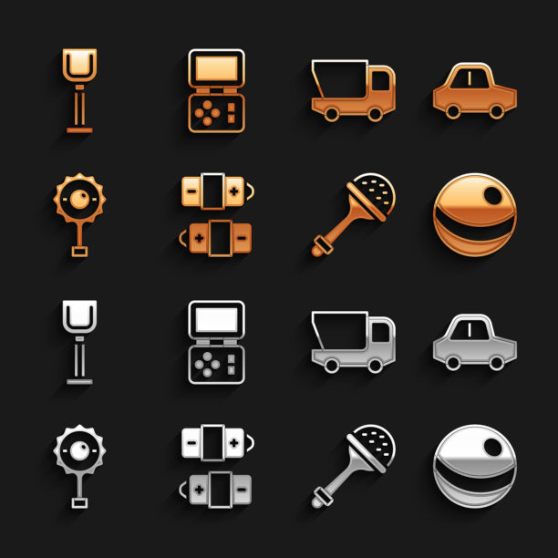 设置电池，玩具车，沙滩球，拨浪鼓婴儿玩具，卡车，铲子和俄罗斯方块电子游戏图标。向量图片下载