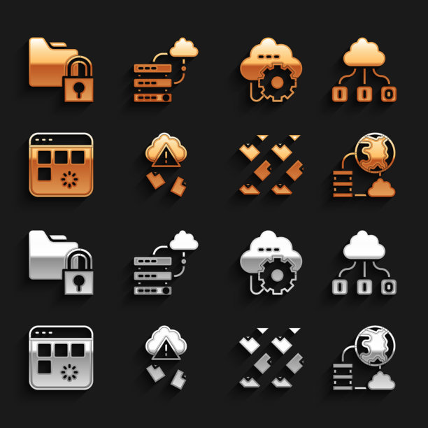 设置云破解，技术数据传输，网络云连接，数据流，加载窗口，文件夹和锁和图标。向量图片下载