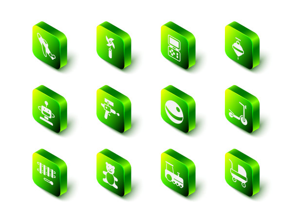 集风车玩具、俄罗斯方块电子游戏、旋转木马、轮滑滑板车、婴儿推车、沙滩球、玩具火车和泰迪熊毛绒图标。向量图片下载