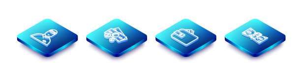 设置等距线卖家，叠纸钱现金，钱包和皱巴巴的图标。向量图片下载