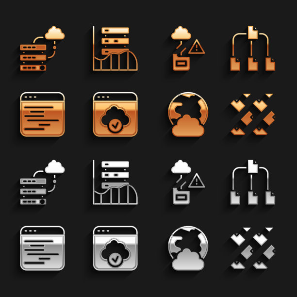 设置云技术数据传输，文件夹树，数据流，社交网络，软件，网络云连接和服务器，数据，Web Hosting图标。向量图片下载