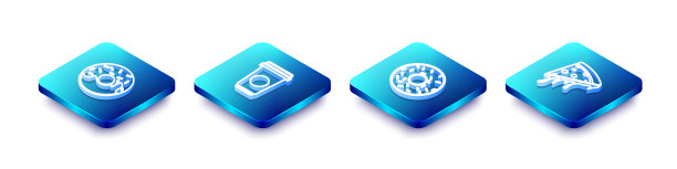 设置等距线甜甜圈，咖啡杯，和切片比萨图标。向量图片下载