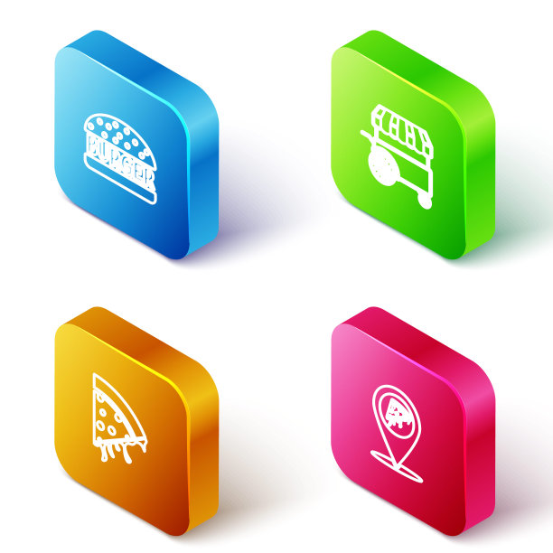 设置等距线汉堡，快速街头食品车，披萨的切片和位置与切片图标。向量图片下载