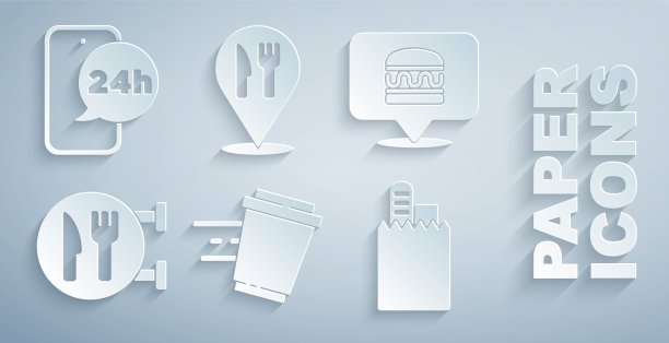 设置咖啡杯走，在线订购汉堡递送，咖啡馆和餐厅的位置，和食物图标。向量图片下载