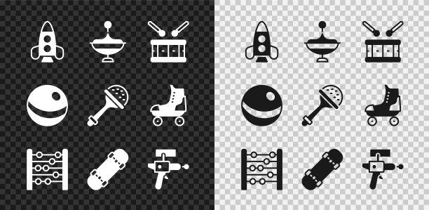 设置火箭船玩具，旋转，鼓鼓棒，算盘，滑板，雷枪，沙滩球和拨浪鼓婴儿图标。向量图片下载
